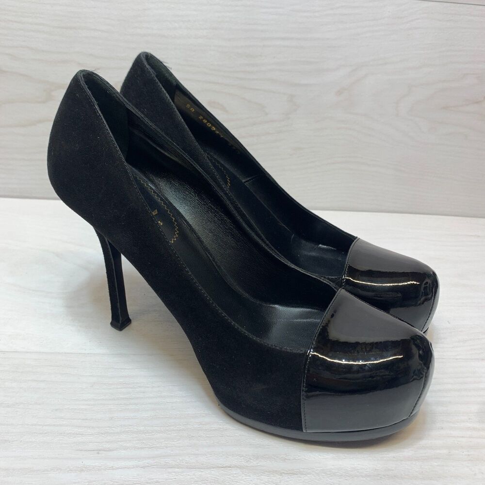 Yves Saint Laurent Tribtoo Pumps Women's Size 9.5 Black Suede Cap Toe Classic